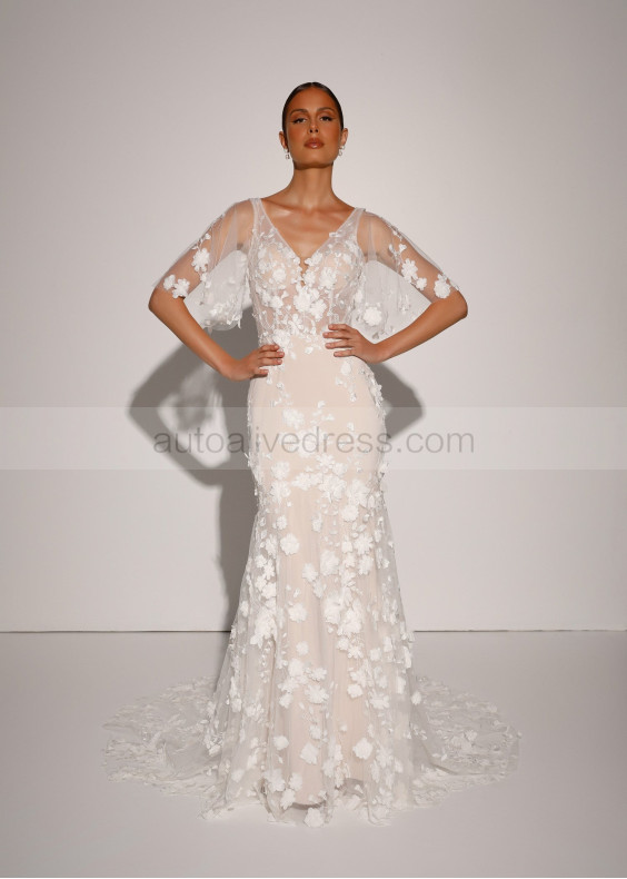 Ivory 3D Lace Tulle Floral Wedding Dress With Detachable Sleeves